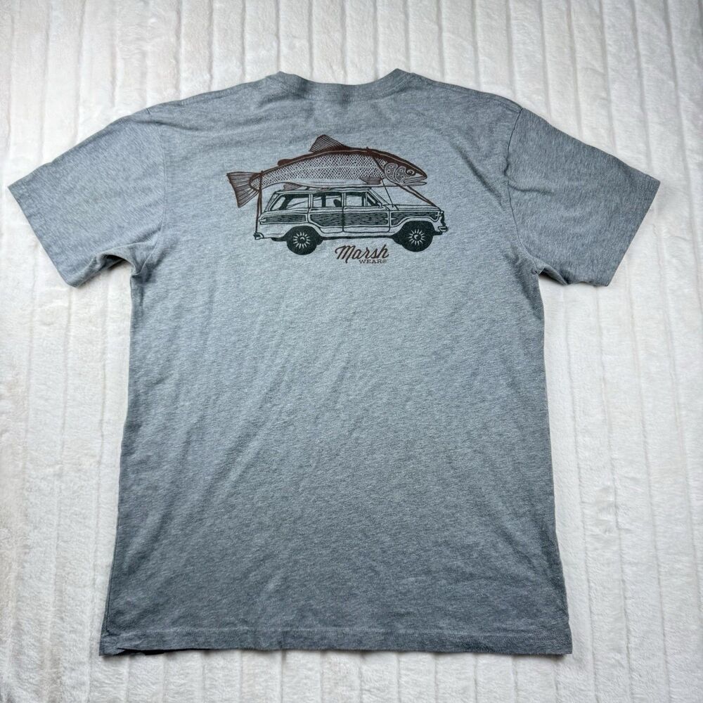 Marsh Wear Graphic T-Shirt Men's L Gray Crew Neck Trout Jeep Double Sided Print